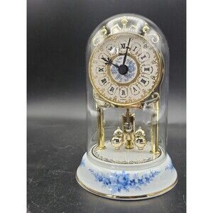 Vtg Reine Handarbeit Porcelain Kundo Clock Blue Flowers Glass Dome Anniversary